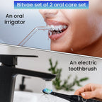 Bitvae Set of Sonic Toothbrush With 4 Replacement Heads, 5 Modes & Smart Timer With Water Flosser With 4 Replacent Heads - Black