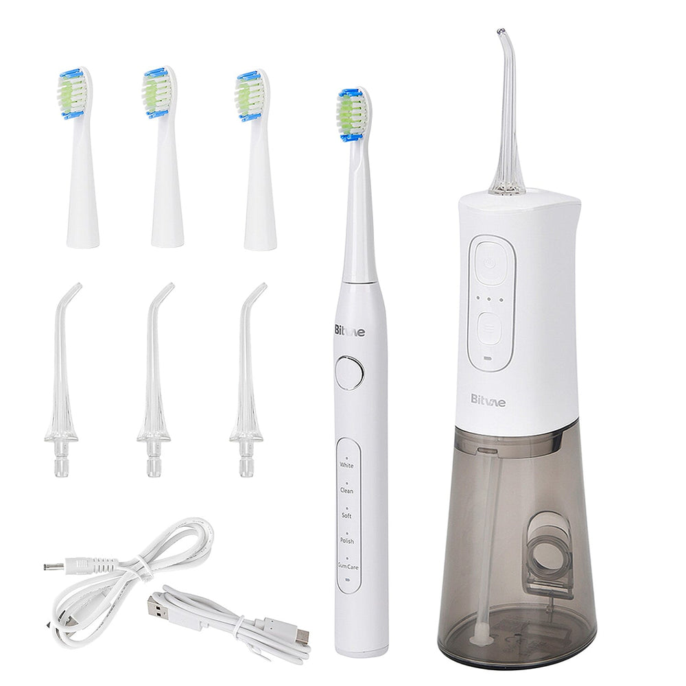Bitvae Set of Sonic Toothbrush With 4 Replacement Heads, 5 Modes & Smart Timer With Water Flosser With 4 Replacent Heads - White
