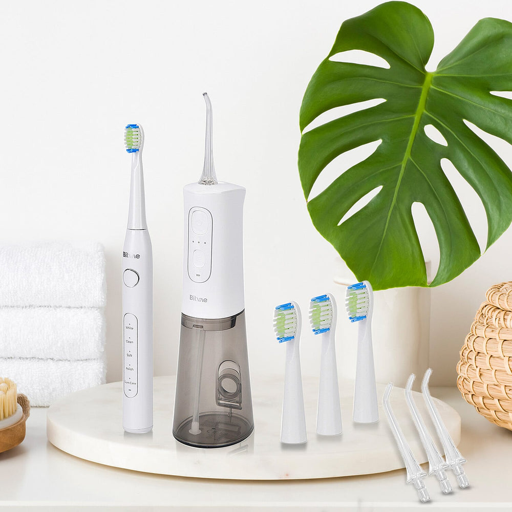 Bitvae Set of Sonic Toothbrush With 4 Replacement Heads, 5 Modes & Smart Timer With Water Flosser With 4 Replacent Heads - White