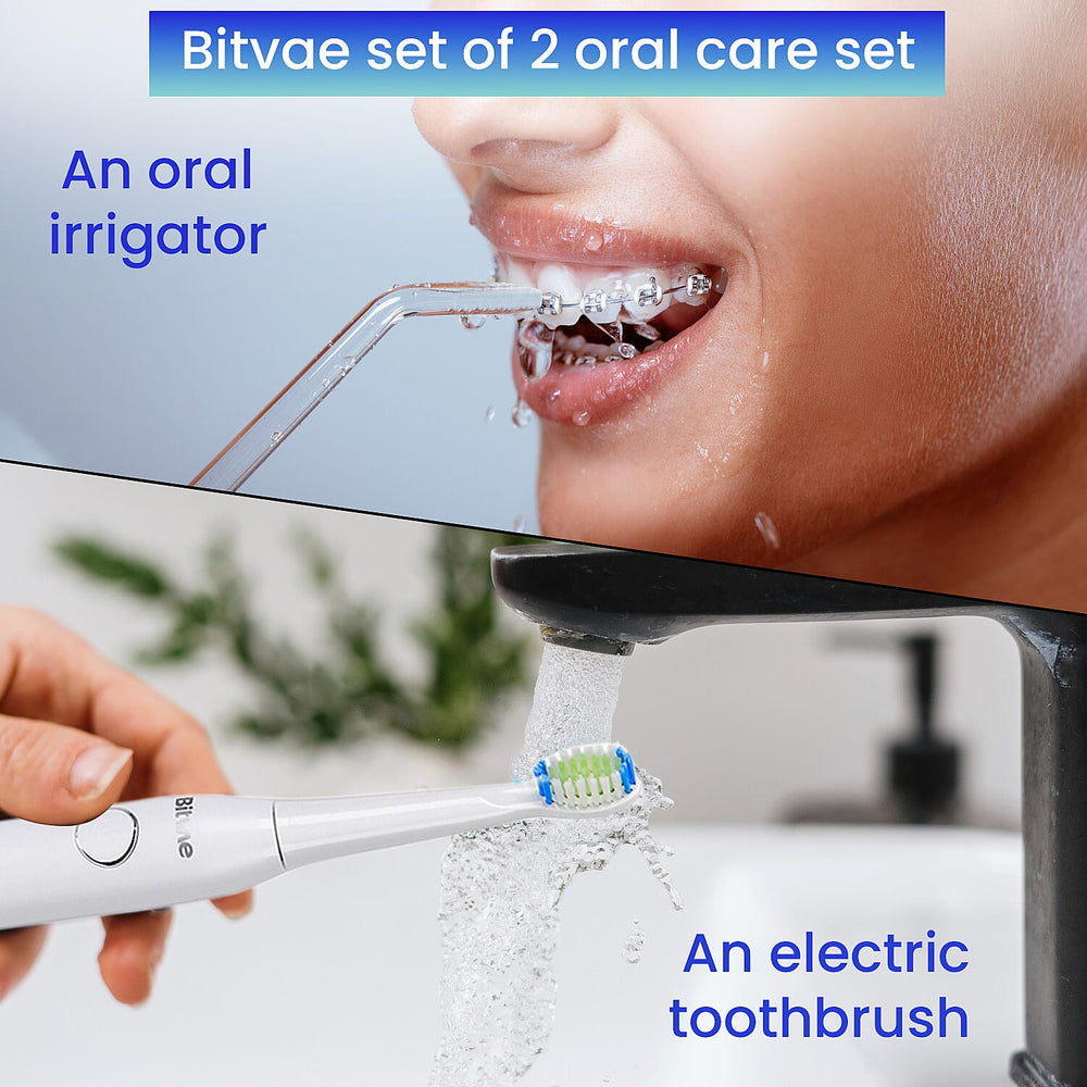 Bitvae Set of Sonic Toothbrush With 4 Replacement Heads, 5 Modes & Smart Timer With Water Flosser With 4 Replacent Heads - White
