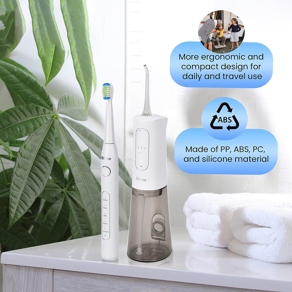 Bitvae Set of Sonic Toothbrush With 4 Replacement Heads, 5 Modes & Smart Timer With Water Flosser With 4 Replacent Heads - White