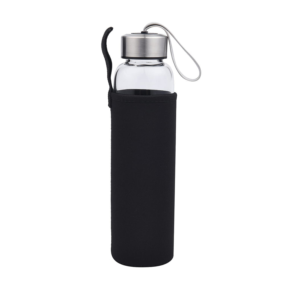 Black Crystal Elixir Glass Water Bottle with Stainless Steel Cap (Size 25x6 Cm) with Travel Case