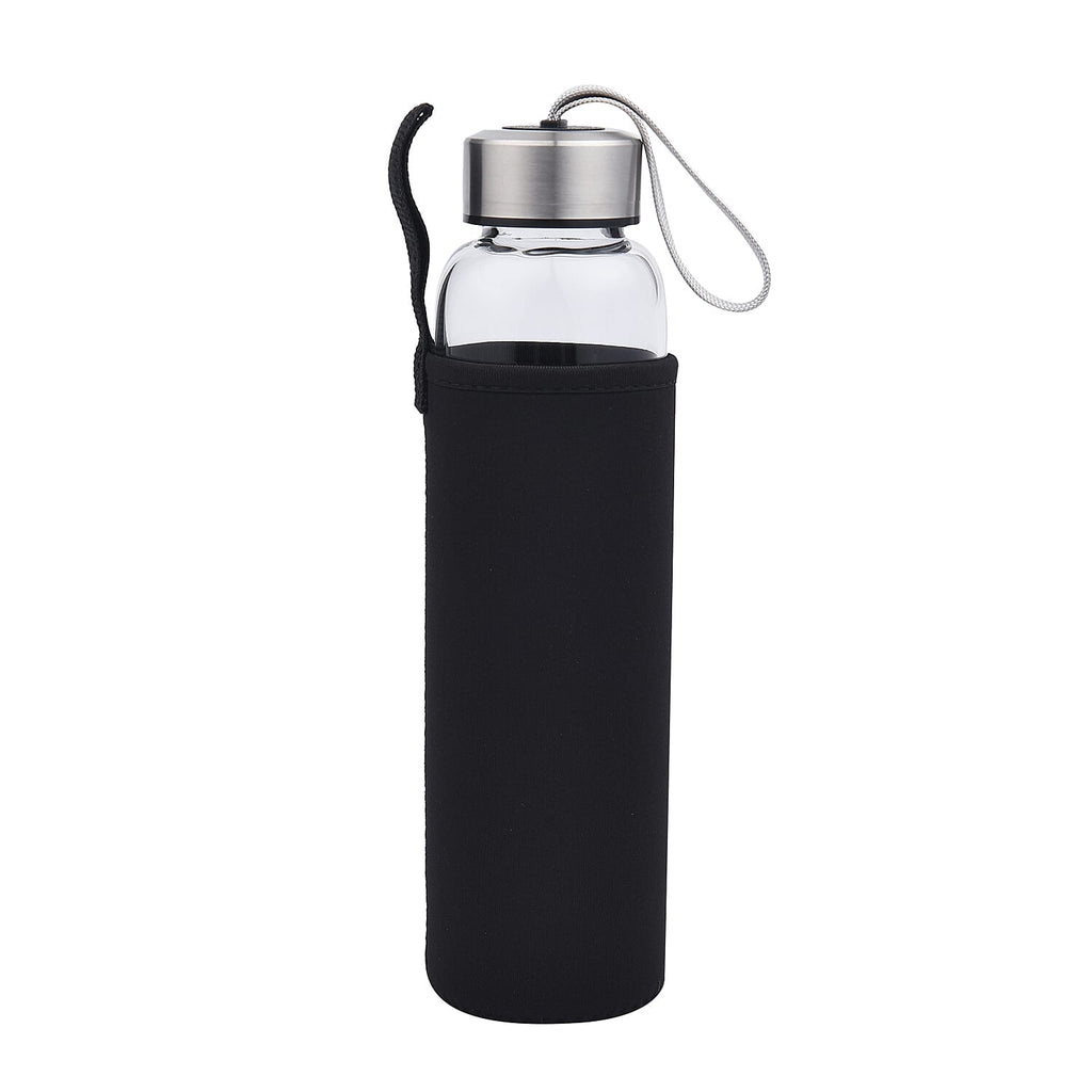 Black Crystal Elixir Glass Water Bottle with Stainless Steel Cap (Size 25x6 Cm) with Travel Case