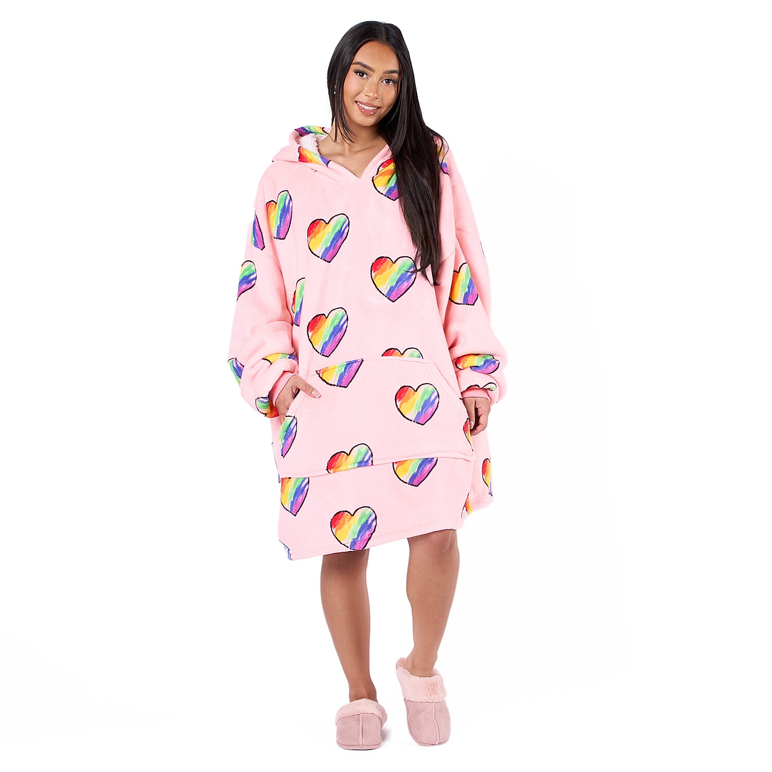 Rainbow Heart Pattern Hoodie Blanket (One Size) - Pink