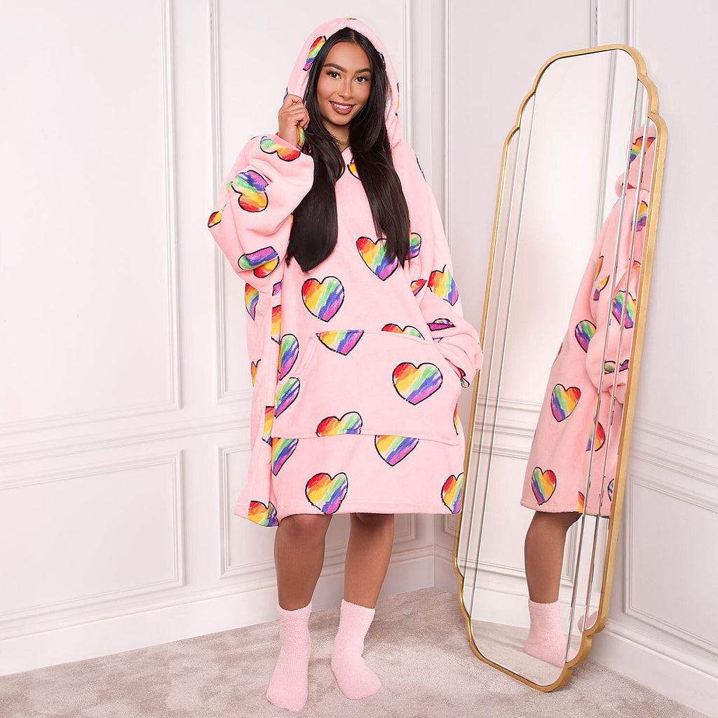 Rainbow Heart Pattern Hoodie Blanket (One Size) - Pink