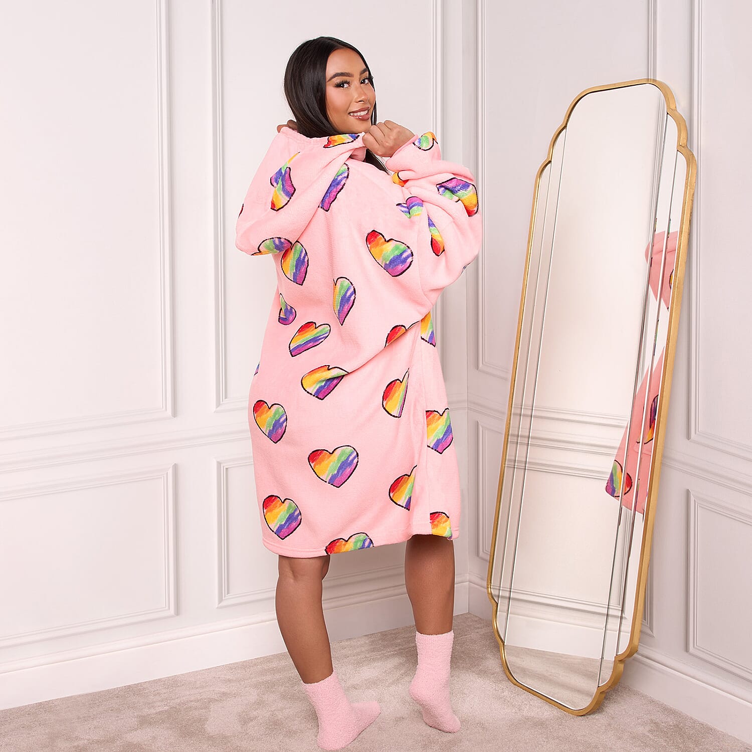 Rainbow Heart Pattern Hoodie Blanket (One Size) - Pink