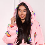 Rainbow Heart Pattern Hoodie Blanket (One Size) - Pink