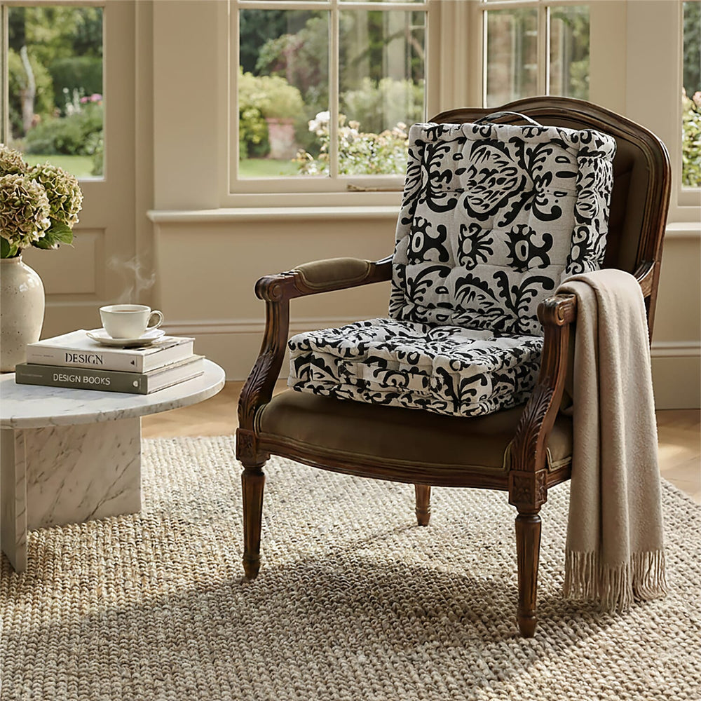 Bliss - Beyond Set of 2 Cotton Printed Floor Cushion (40x40x8 cm) - Black - White