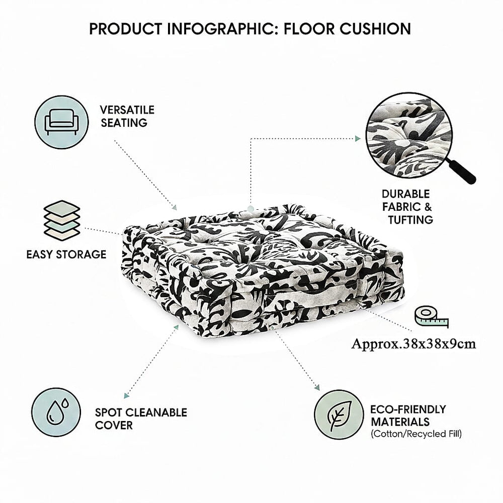 Bliss - Beyond Set of 2 Cotton Printed Floor Cushion (40x40x8 cm) - Black - White