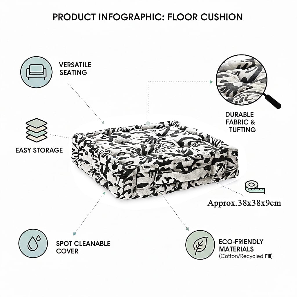 Bliss - Beyond Set of 2 Cotton Printed Floor Cushion (40x40x8 cm) - Black - White