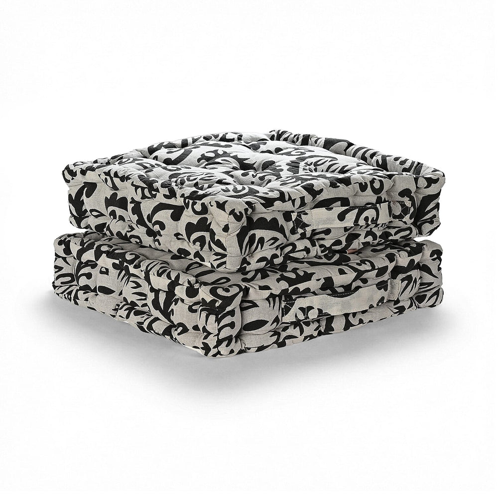 Bliss - Beyond Set of 2 Cotton Printed Floor Cushion (40x40x8 cm) - Black - White