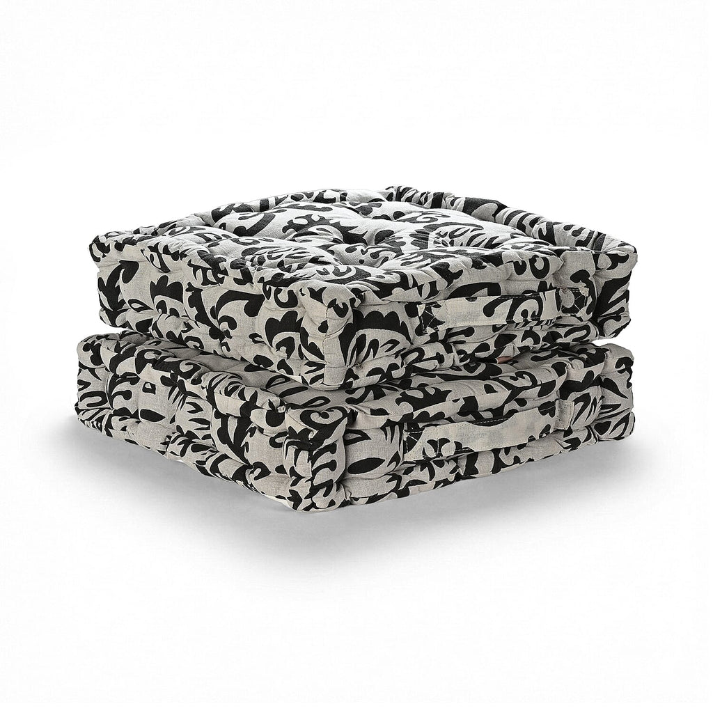 Bliss - Beyond Set of 2 Cotton Printed Floor Cushion (40x40x8 cm) - Black - White