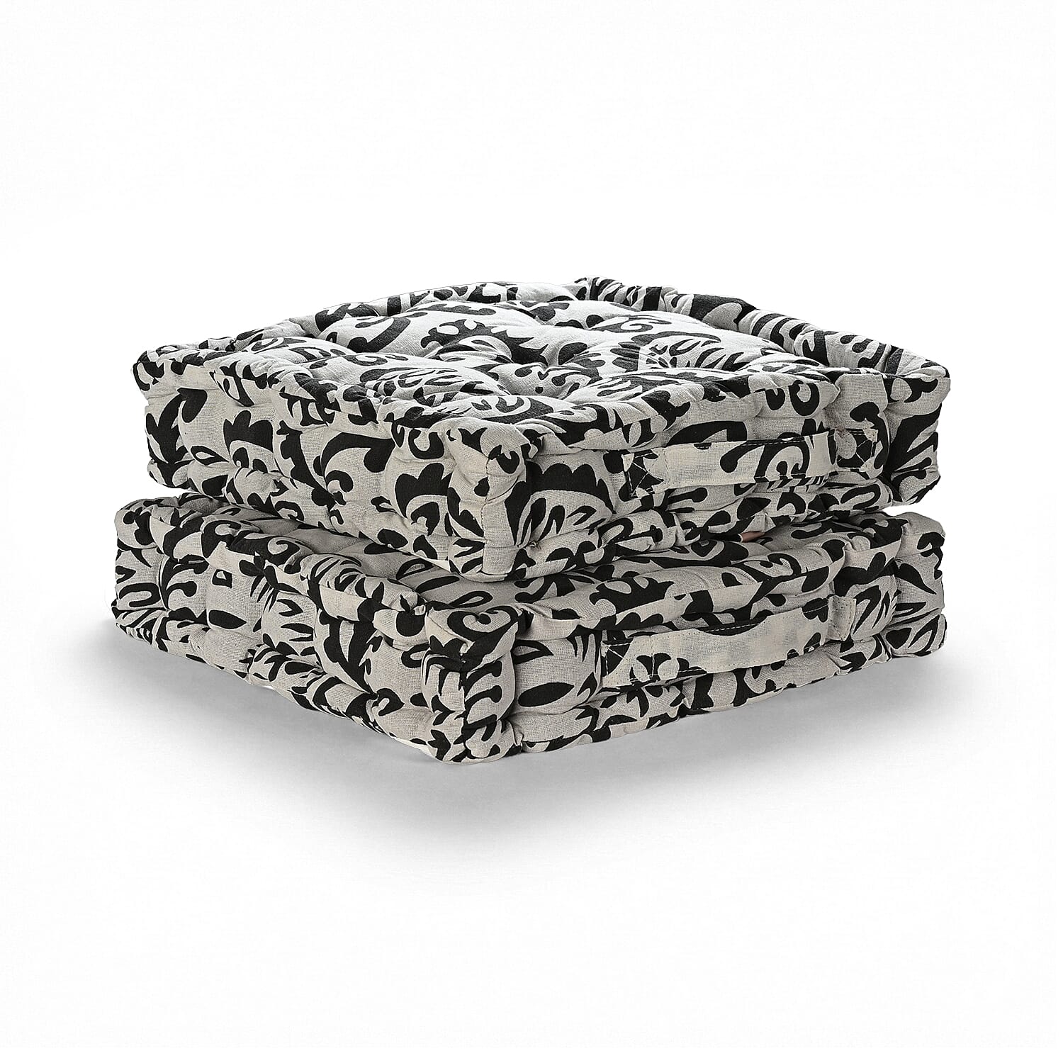 Bliss - Beyond Set of 2 Cotton Printed Floor Cushion (40x40x8 cm) - Black - White