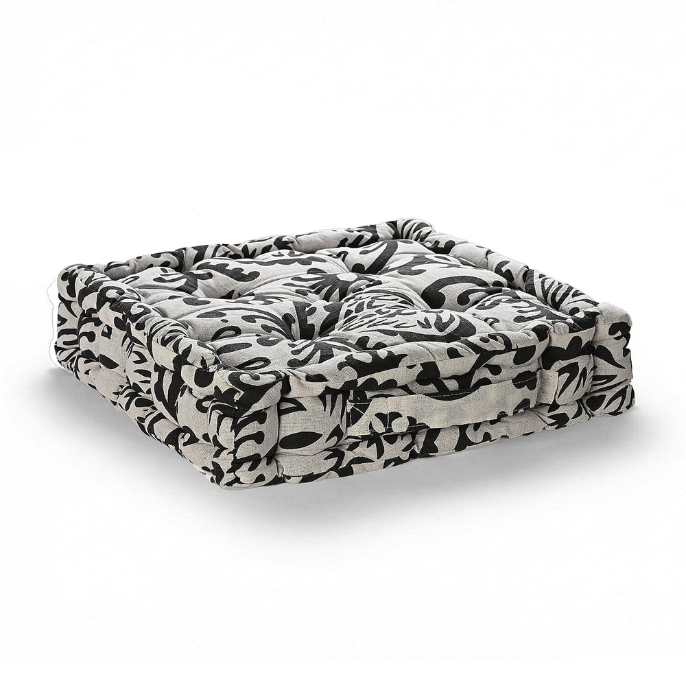 Bliss - Beyond Set of 2 Cotton Printed Floor Cushion (40x40x8 cm) - Black - White