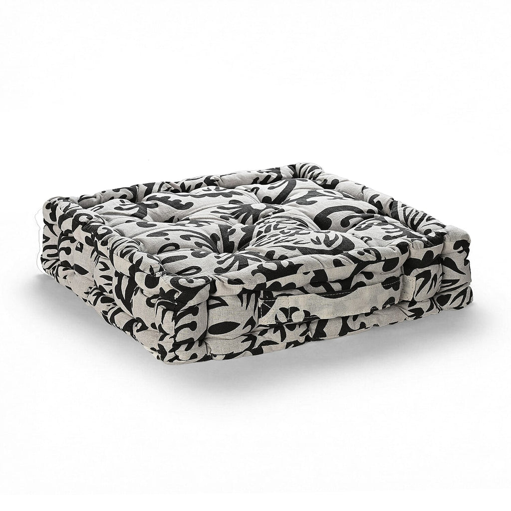 Bliss - Beyond Set of 2 Cotton Printed Floor Cushion (40x40x8 cm) - Black - White