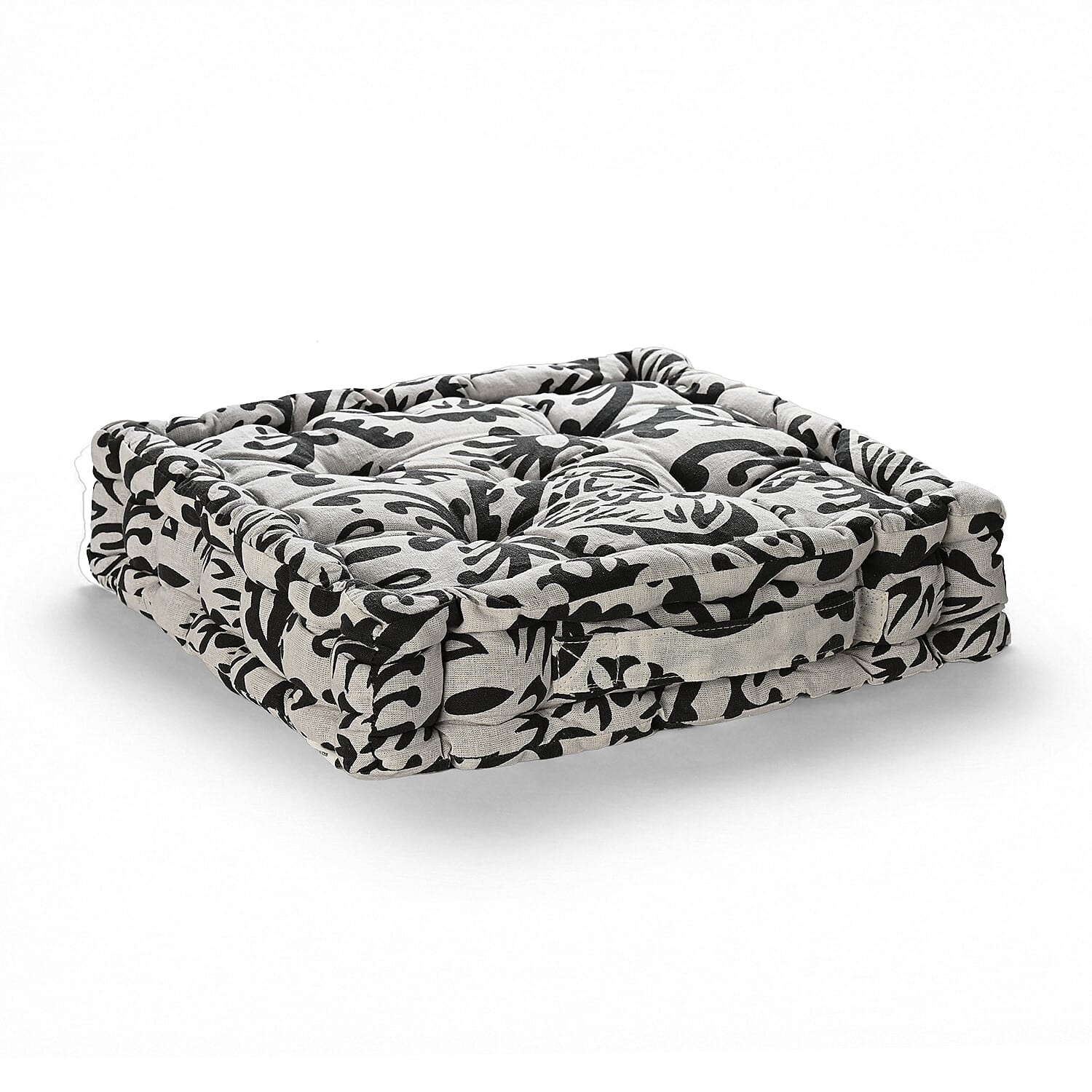 Bliss - Beyond Set of 2 Cotton Printed Floor Cushion (40x40x8 cm) - Black - White