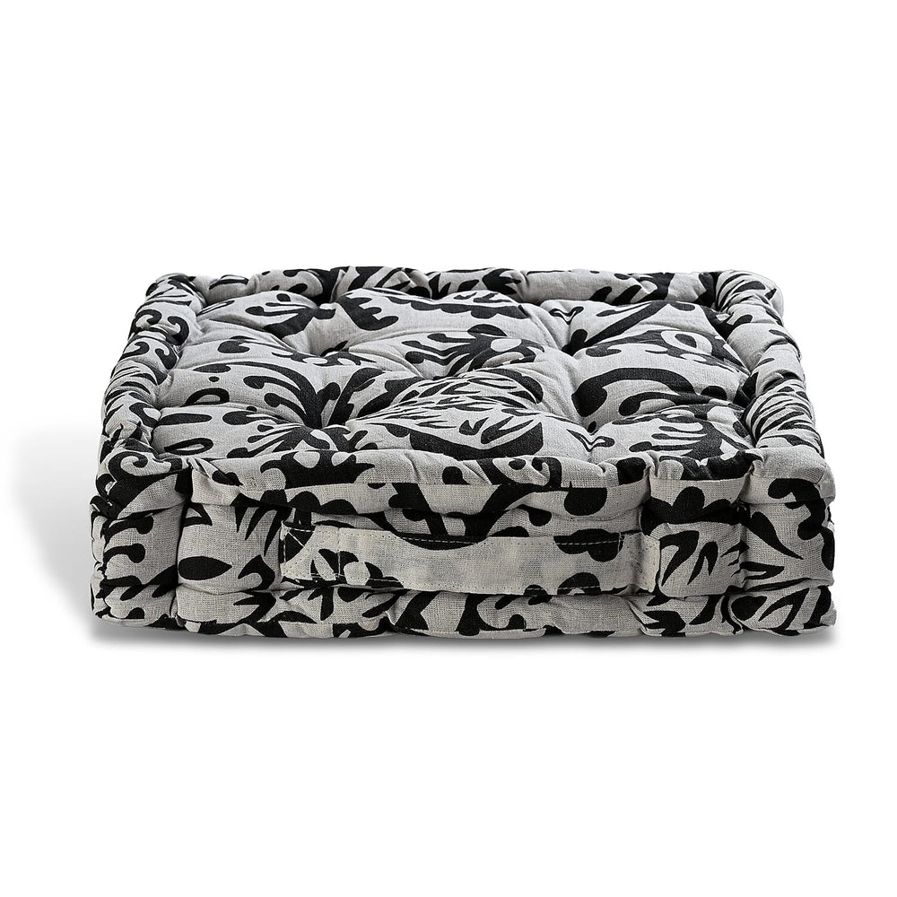 Bliss - Beyond Set of 2 Cotton Printed Floor Cushion (40x40x8 cm) - Black - White