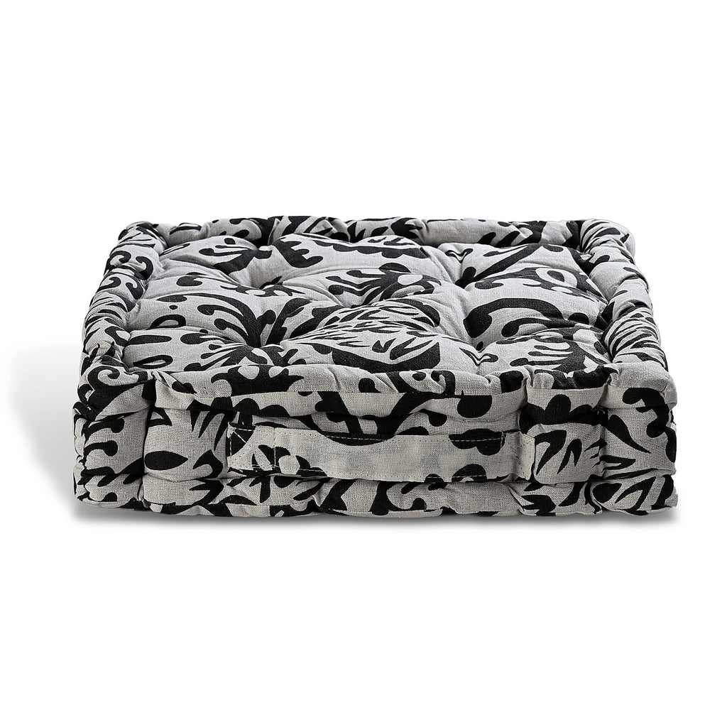 Bliss - Beyond Set of 2 Cotton Printed Floor Cushion (40x40x8 cm) - Black - White