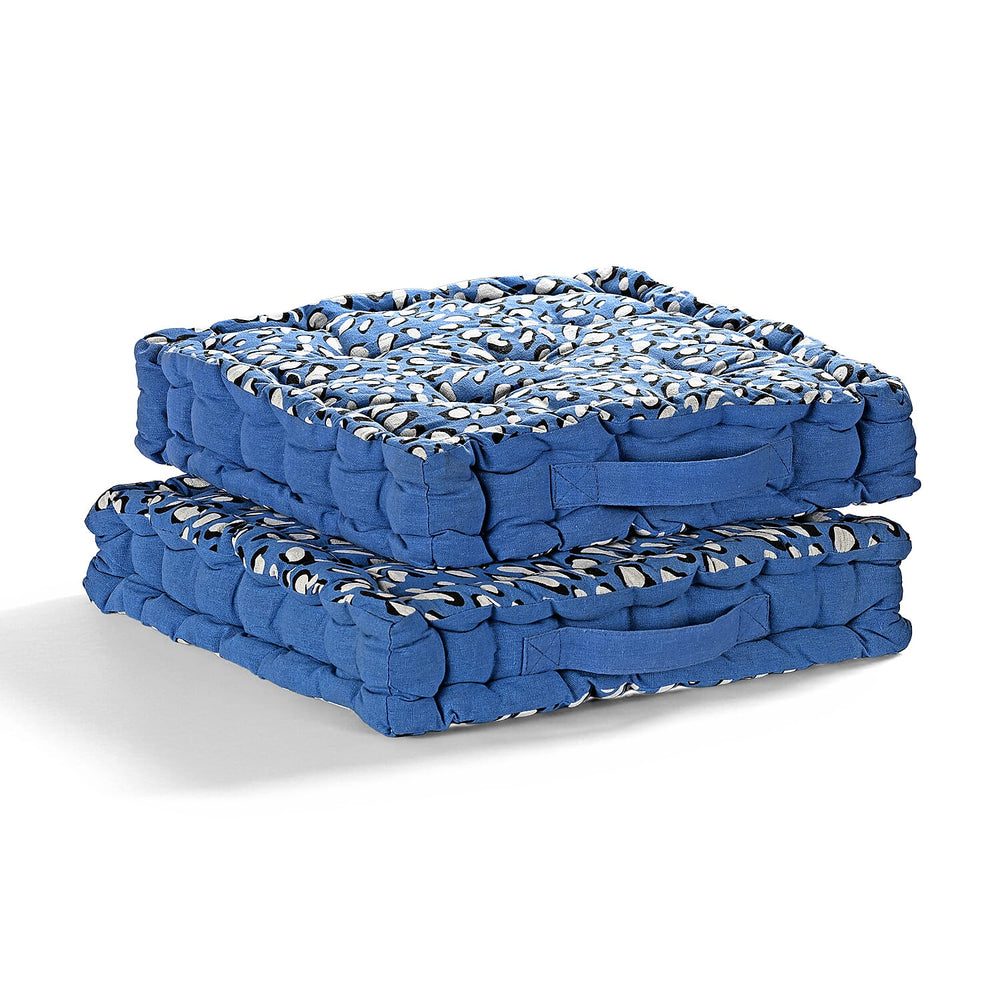 Bliss - Beyond Set of 2 Cotton Printed Floor Cushion (40x40x8 cm) - Blue