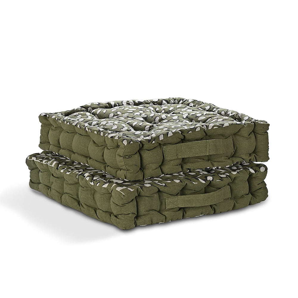 Bliss - Beyond Set of 2 Cotton Printed Floor Cushion (40x40x8 cm) - Green