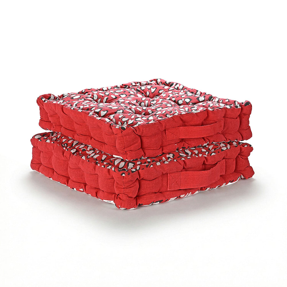 Bliss - Beyond Set of 2 Cotton Printed Floor Cushion (40x40x8 cm) - Red