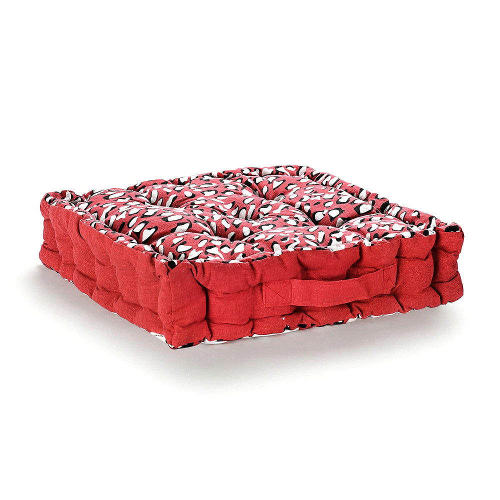 Bliss - Beyond Set of 2 Cotton Printed Floor Cushion (40x40x8 cm) - Red