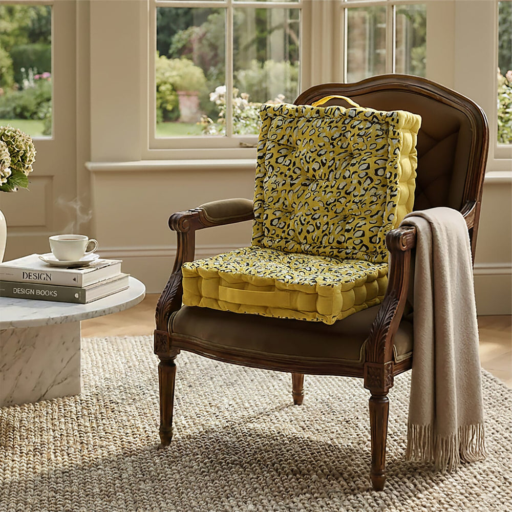 Bliss - Beyond Set of 2 Cotton Printed Floor Cushion (40x40x8 cm) - Yellow