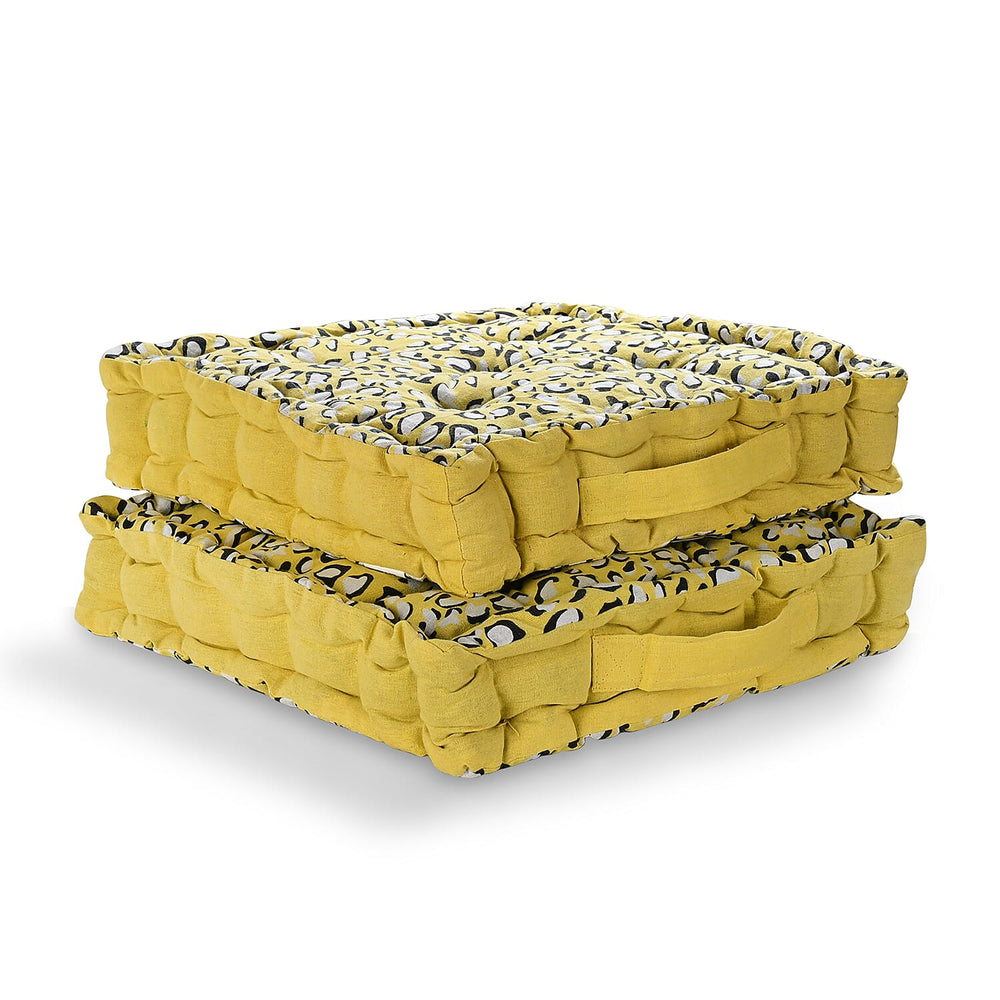 Bliss - Beyond Set of 2 Cotton Printed Floor Cushion (40x40x8 cm) - Yellow
