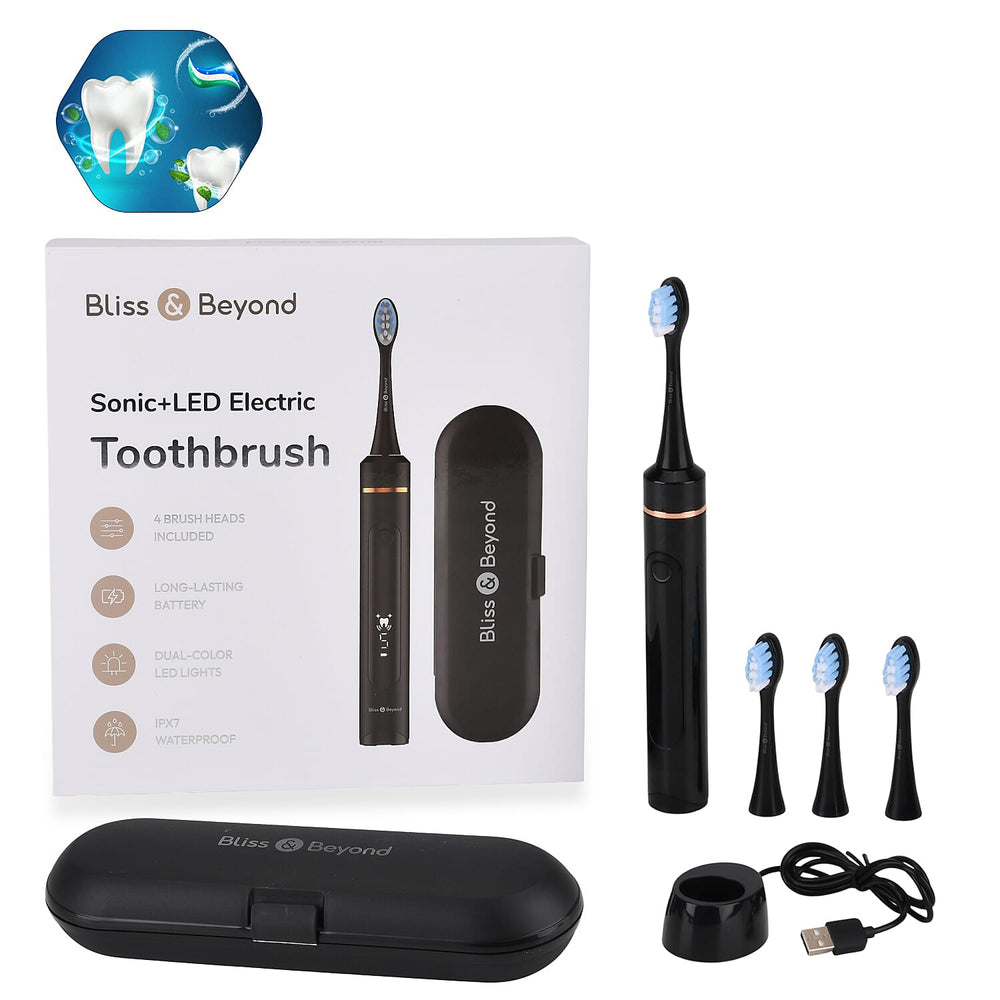 Bliss - Beyond LED Electric Rechargeable Sonic Toothbrush with 4 Brush Heads, 5 Cleaning Modes - IPX7 Waterproof - Black
