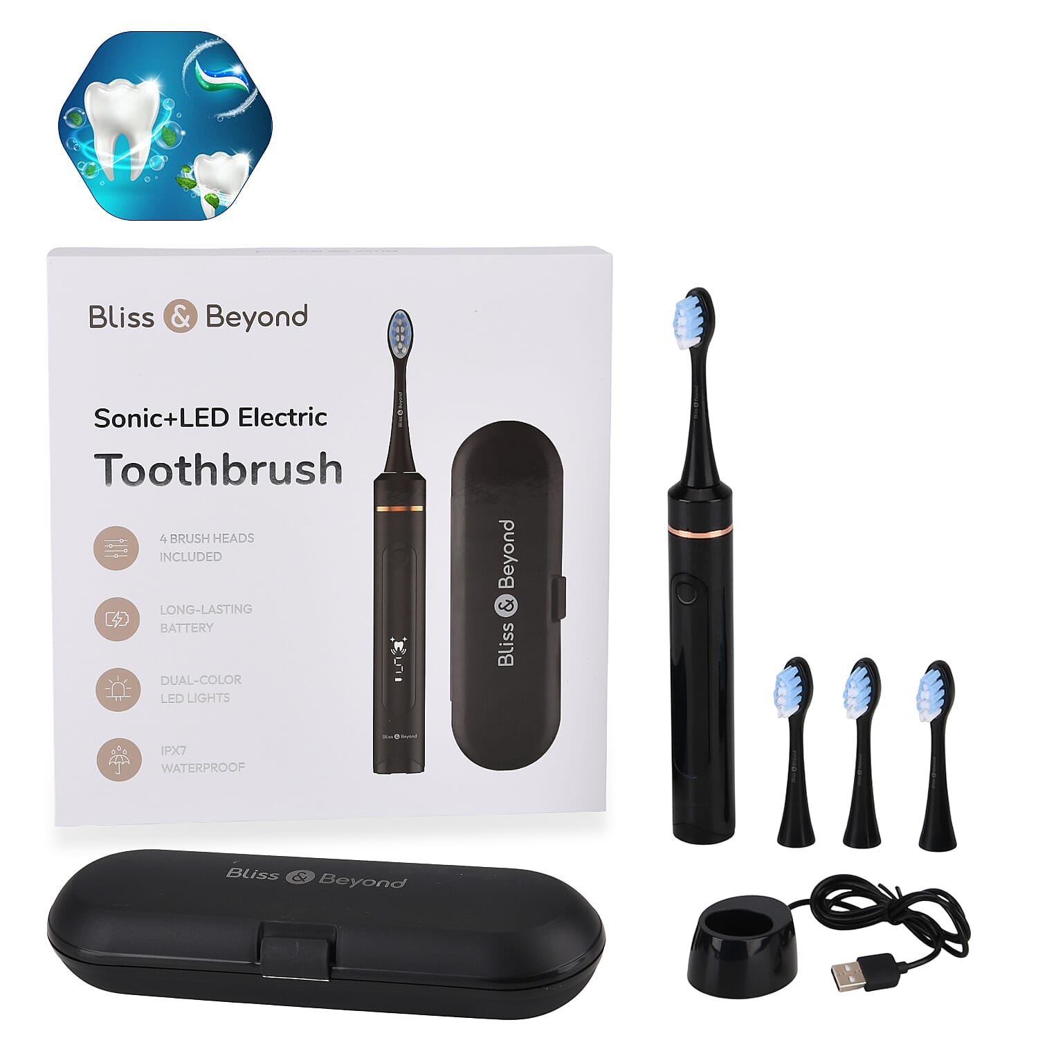 Bliss - Beyond LED Electric Rechargeable Sonic Toothbrush with 4 Brush Heads, 5 Cleaning Modes - IPX7 Waterproof - Black