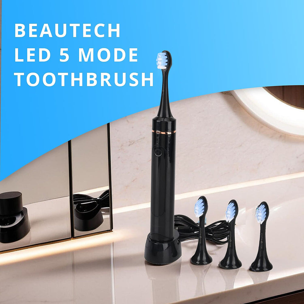 Bliss - Beyond LED Electric Rechargeable Sonic Toothbrush with 4 Brush Heads, 5 Cleaning Modes - IPX7 Waterproof - Black