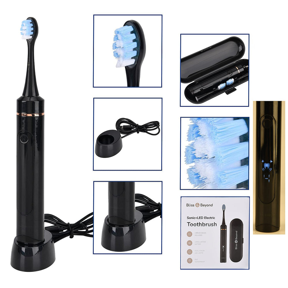 Bliss - Beyond LED Electric Rechargeable Sonic Toothbrush with 4 Brush Heads, 5 Cleaning Modes - IPX7 Waterproof - Black