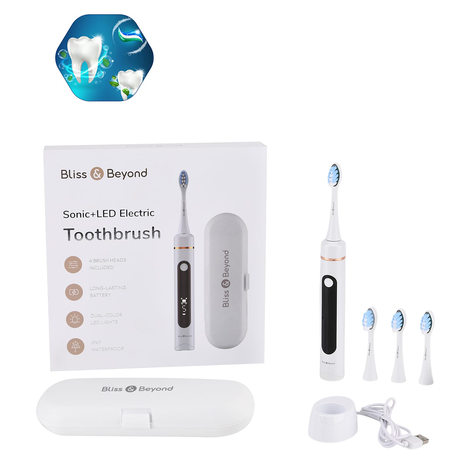Bliss - Beyond LED Electric Rechargeable Sonic Toothbrush with 4 Brush Heads, 5 Cleaning Modes - IPX7 Waterproof  - White