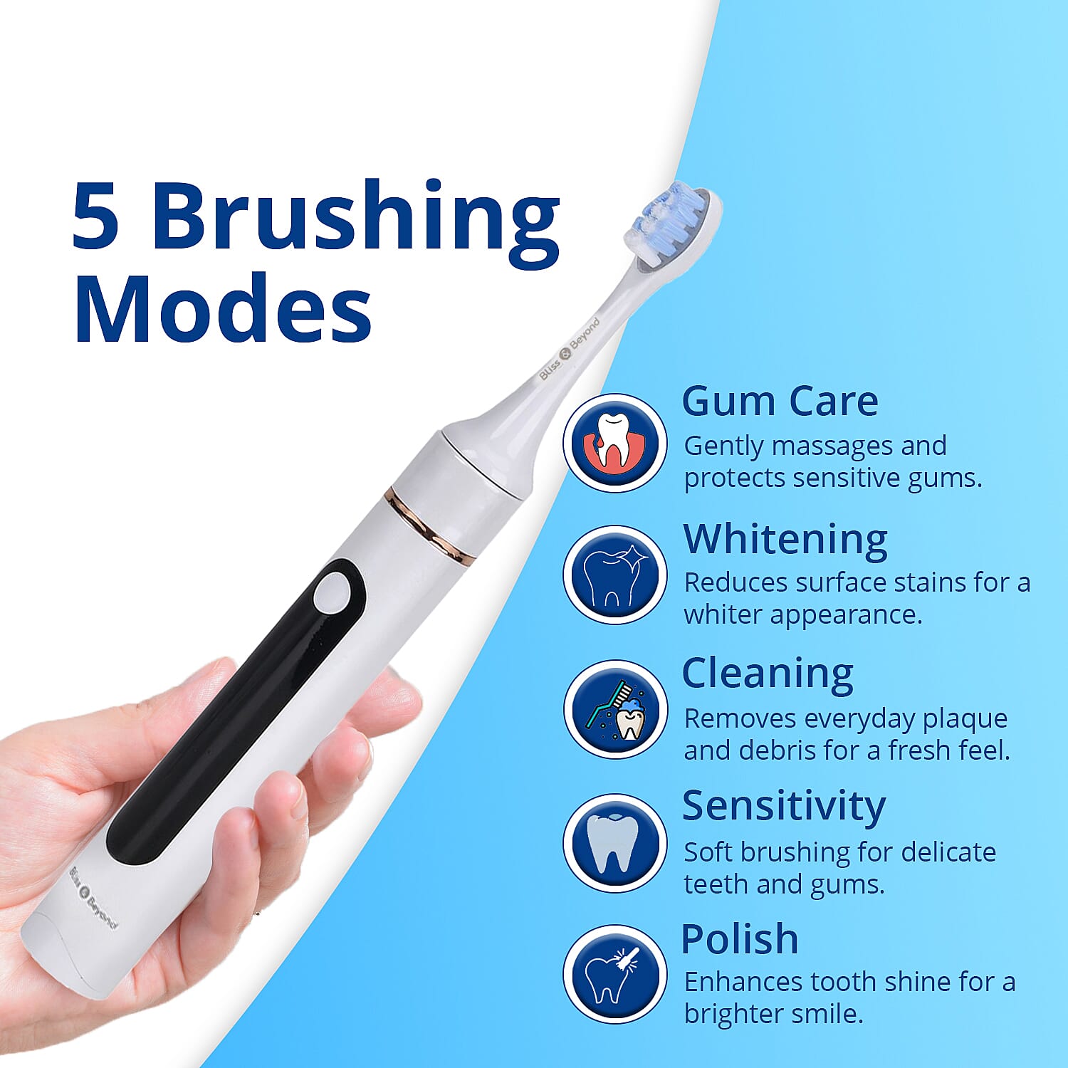 Bliss - Beyond LED Electric Rechargeable Sonic Toothbrush with 4 Brush Heads, 5 Cleaning Modes - IPX7 Waterproof  - White
