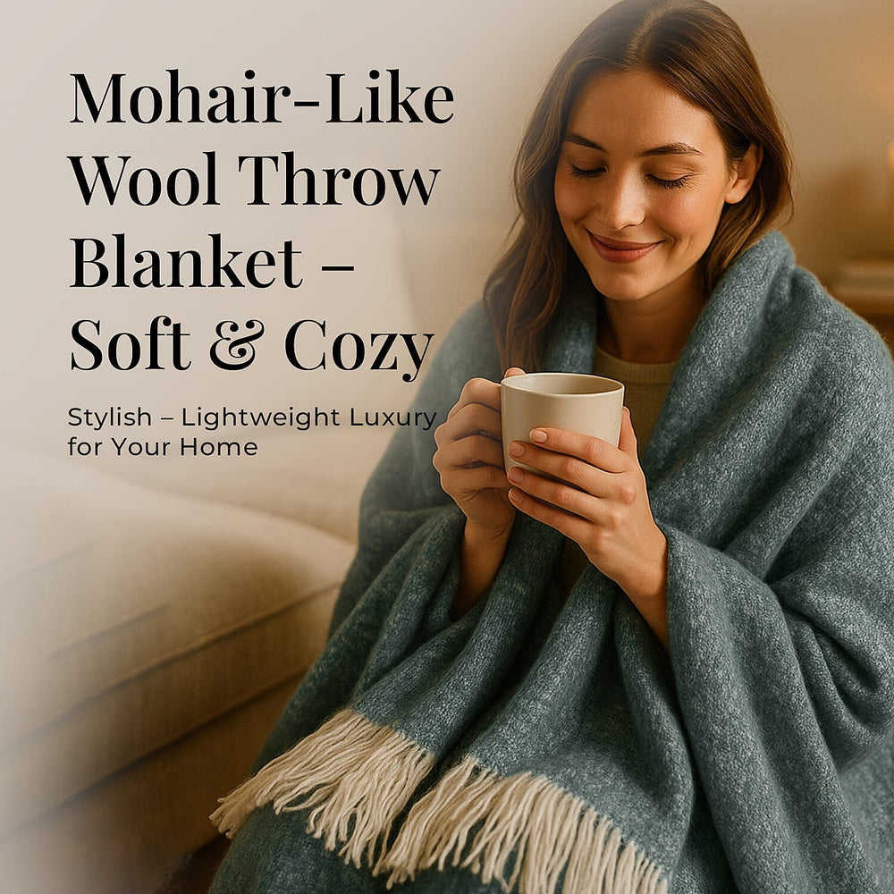 Bliss - Beyond Supersoft Mohair Wool Cozy Blanket with Timeless Appeal (Size 170x130 cm) - Sky Blue - White