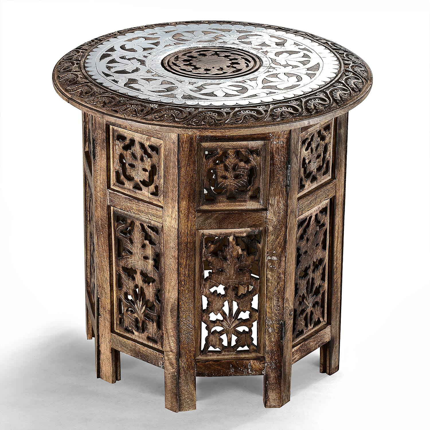 Bliss - Beyond Hand Carved Oxidized Pattern Table (45cm) - Silver - Brown