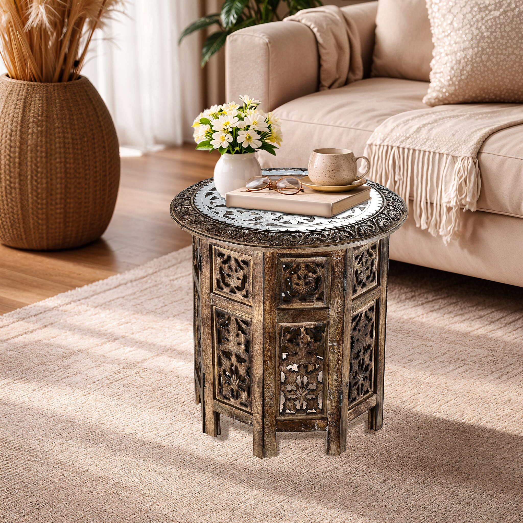 Bliss - Beyond Hand Carved Oxidized Pattern Table (45cm) - Silver - Brown