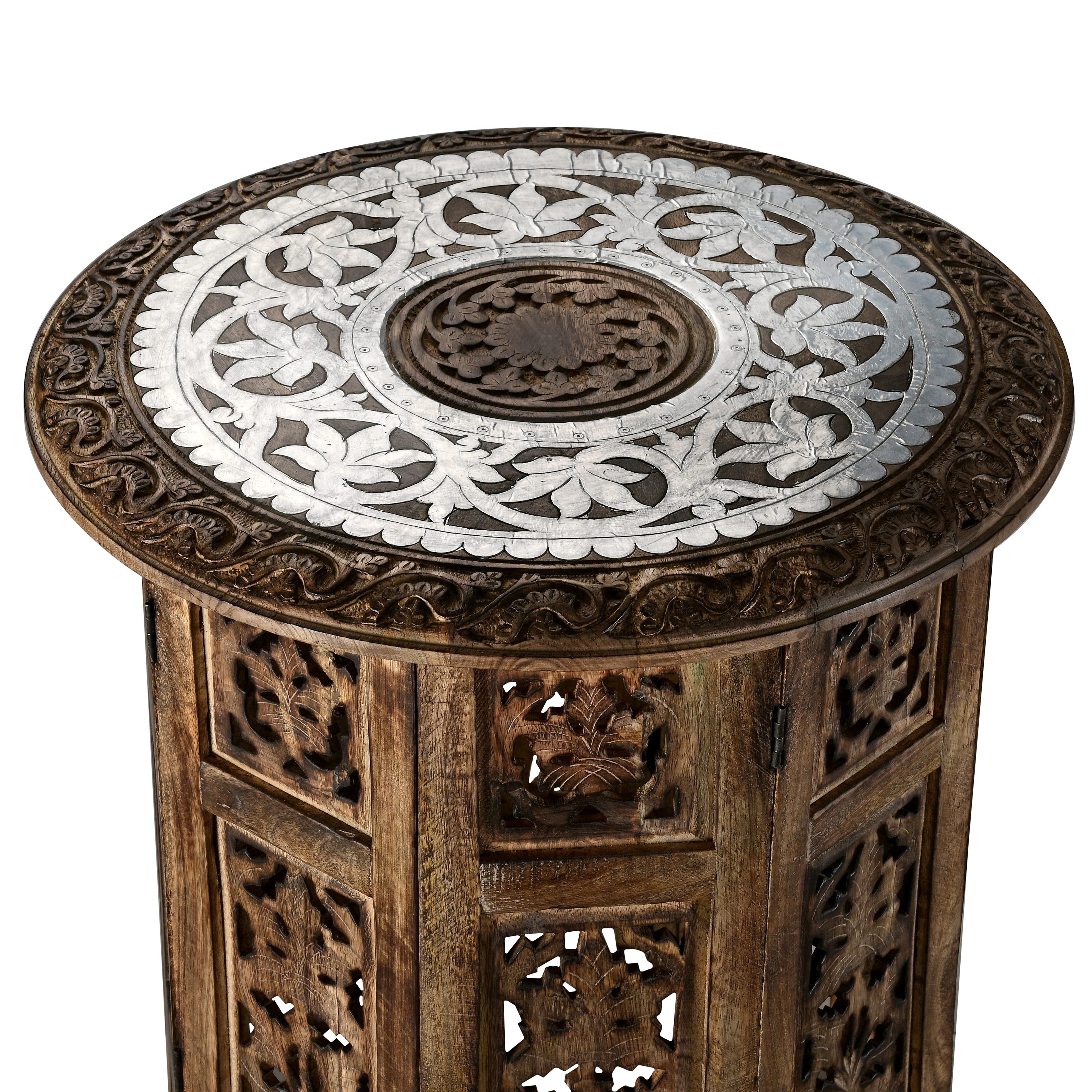 Bliss - Beyond Hand Carved Oxidized Pattern Table (45cm) - Silver - Brown