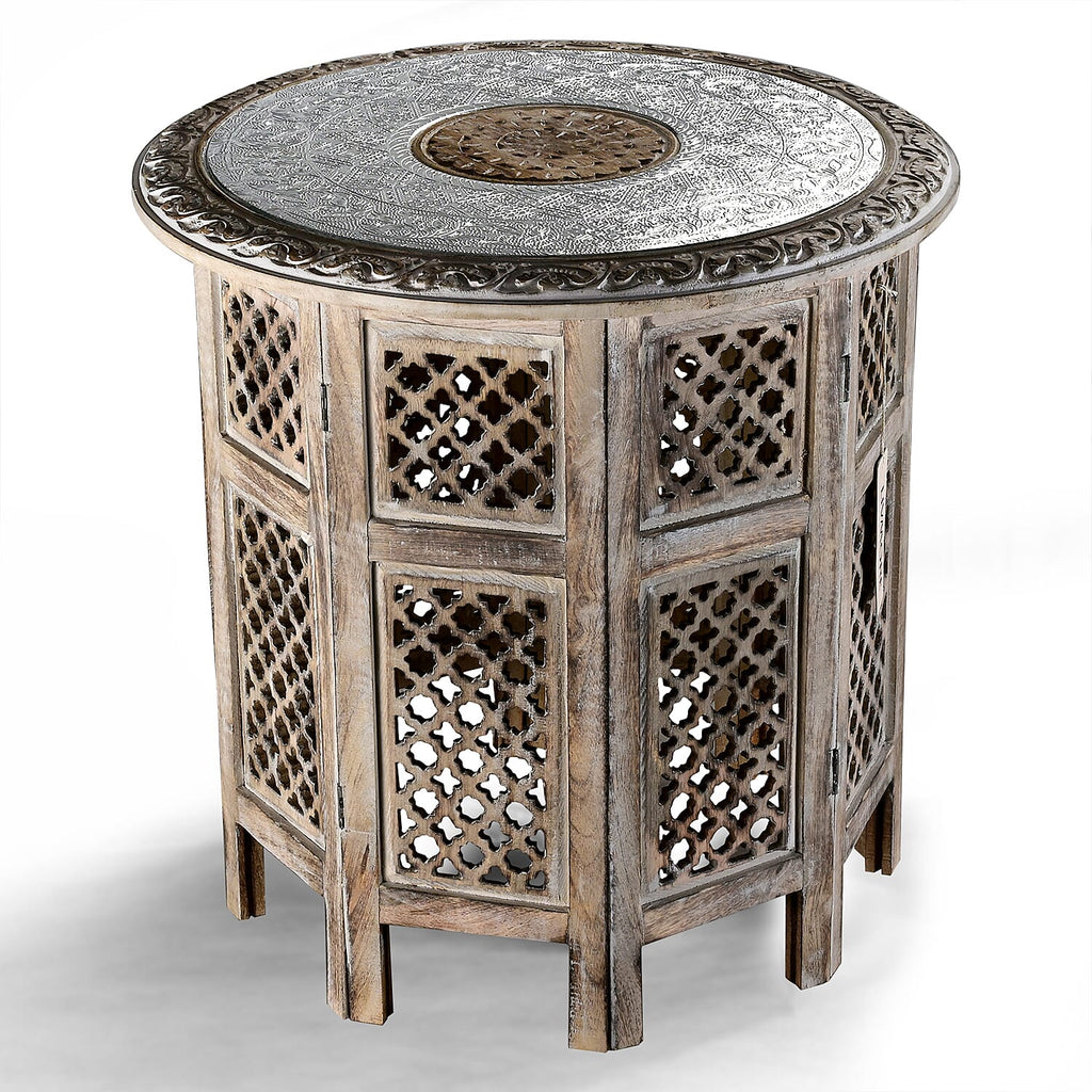 Bliss - Beyond Hand Carved Oxidized Pattern Table (53cm) - Silver - Brown