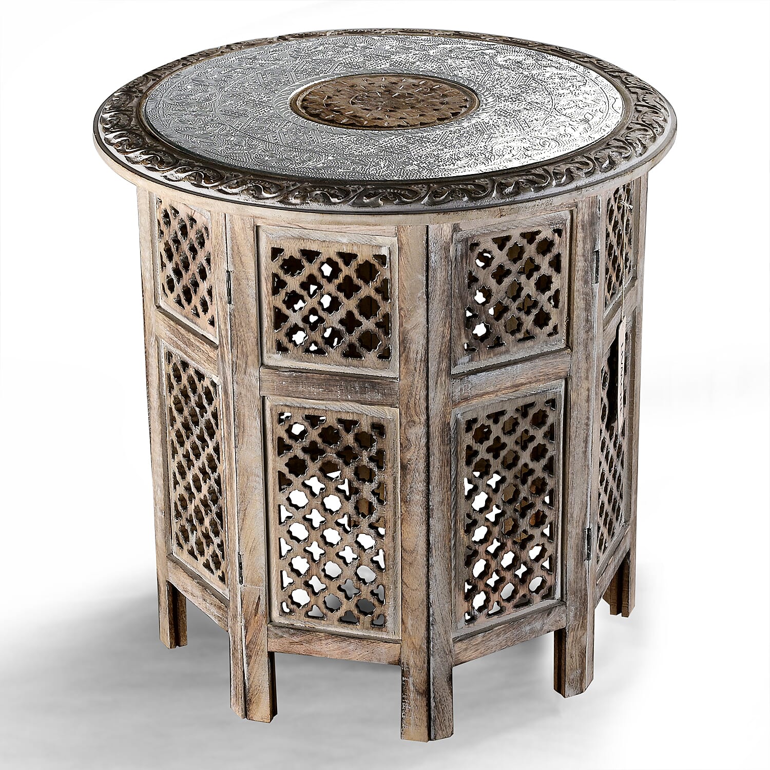 Bliss - Beyond Hand Carved Oxidized Pattern Table (53cm) - Silver - Brown