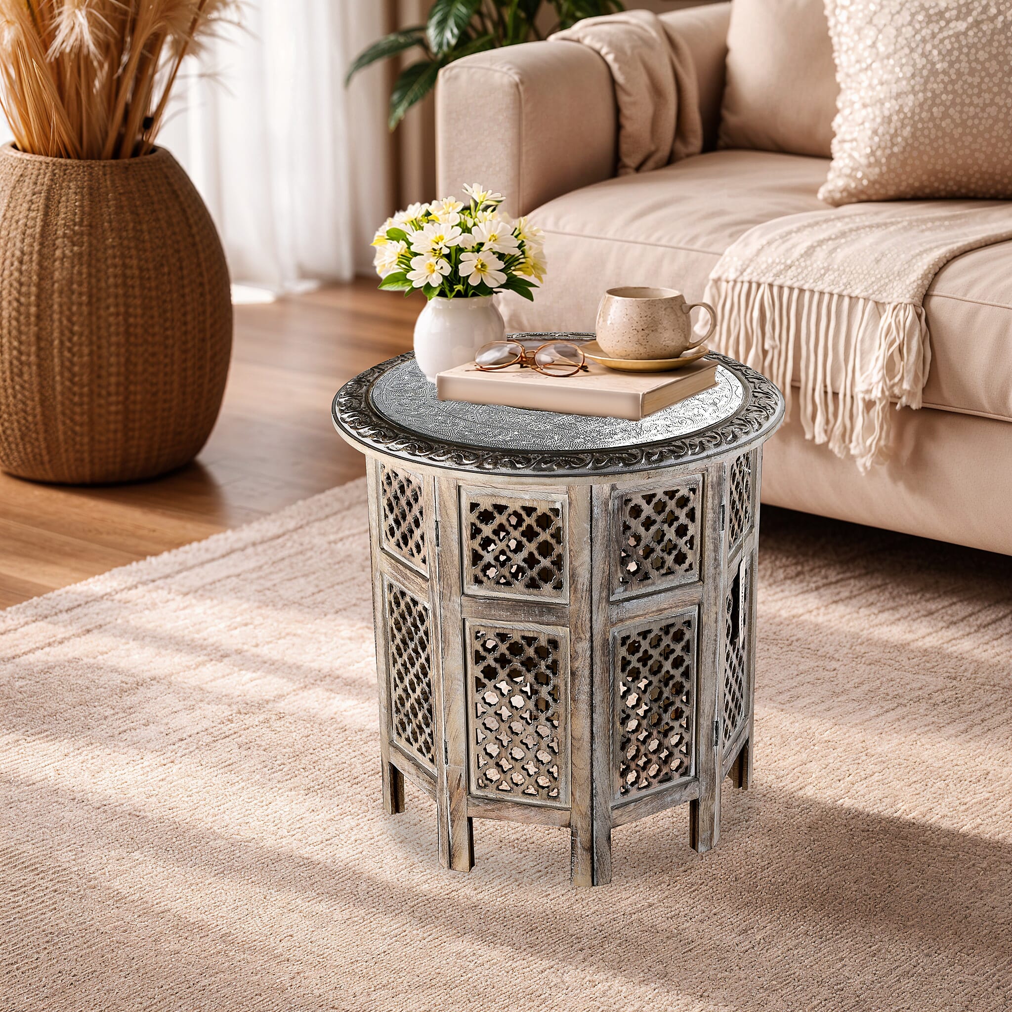Bliss - Beyond Hand Carved Oxidized Pattern Table (53cm) - Silver - Brown