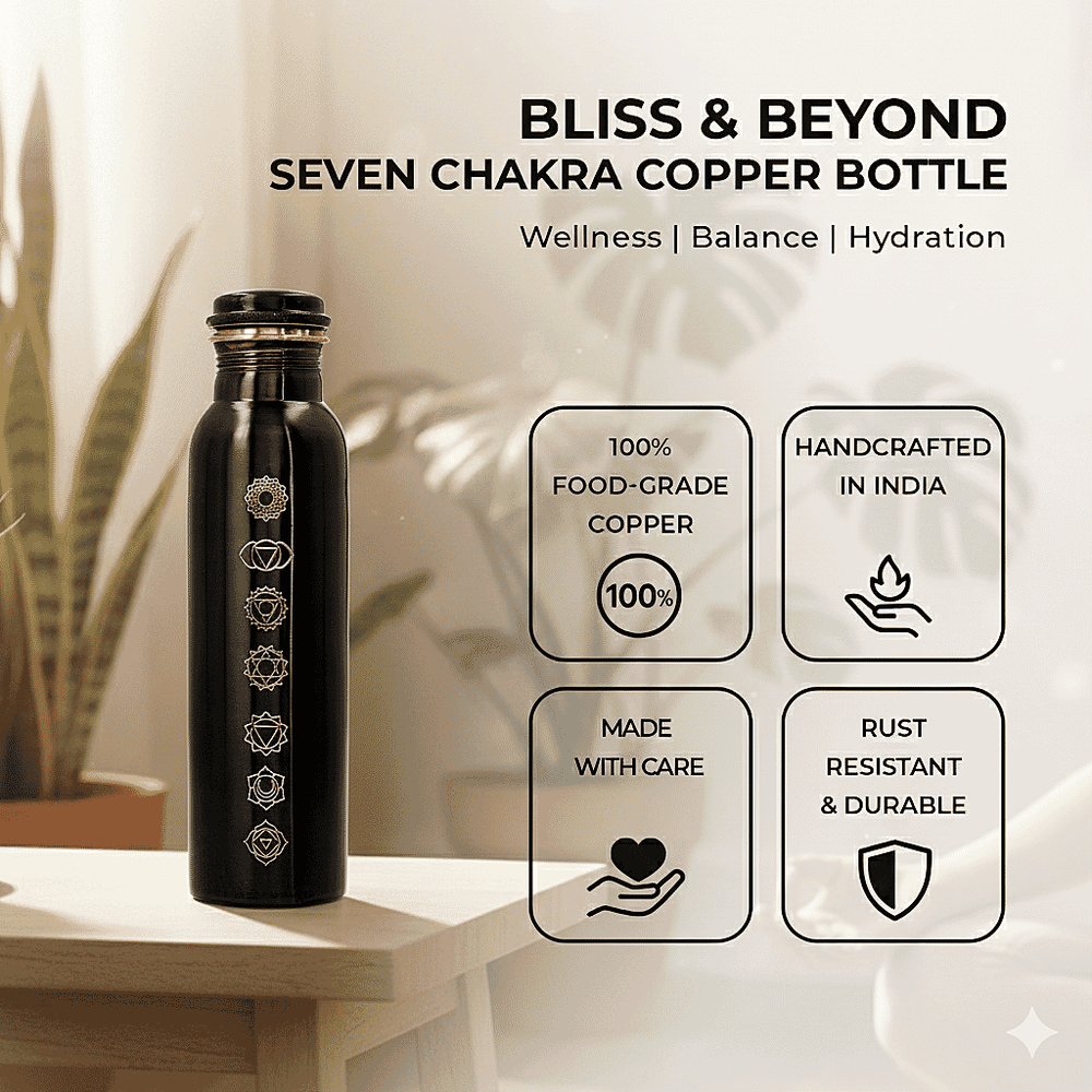 Bliss - Beyond Engraved Seven Chakra Copper 750ml Water Bottle with Tin Gift Box - Black