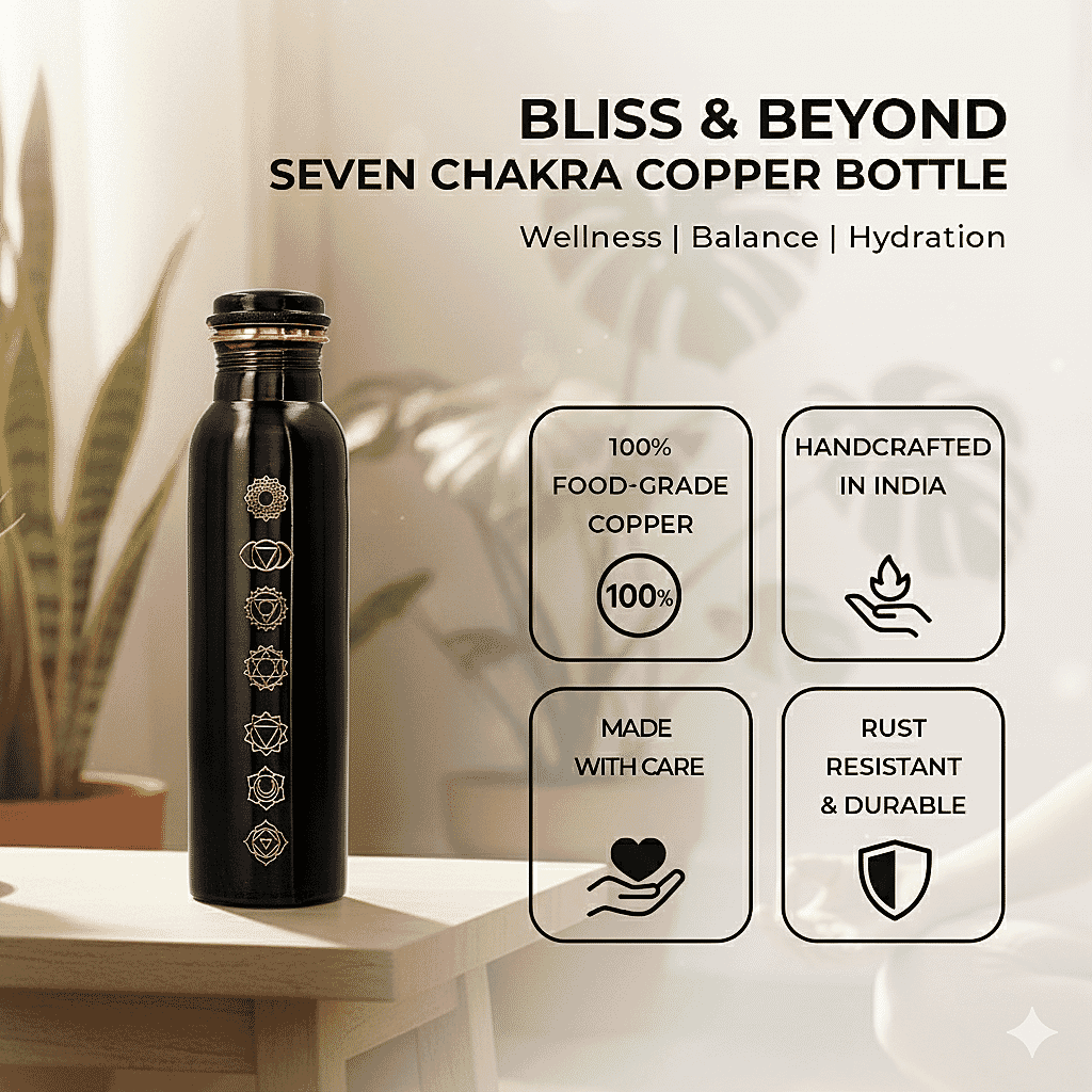Bliss - Beyond Engraved Seven Chakra Copper 750ml Water Bottle with Tin Gift Box - Black
