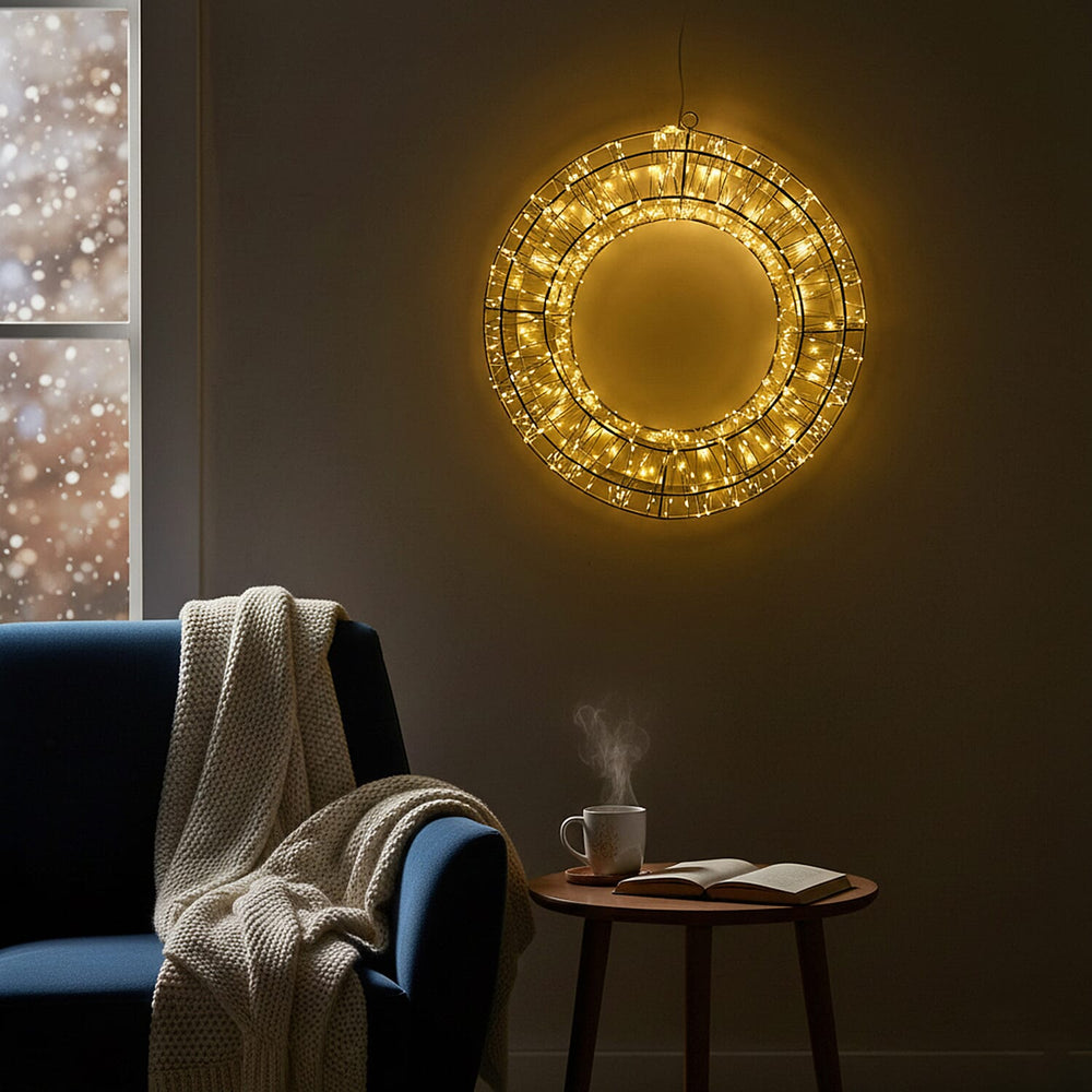 720L Warm White LED 3D Circular Christmas Light Decoration with 38cm White Iron Frame and 5m Extension Cable