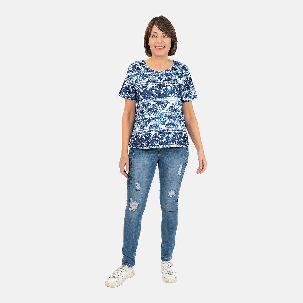 Blue Flower Embellished Diamante Stud Detail High Waist Jeans (Size 28 - 10)