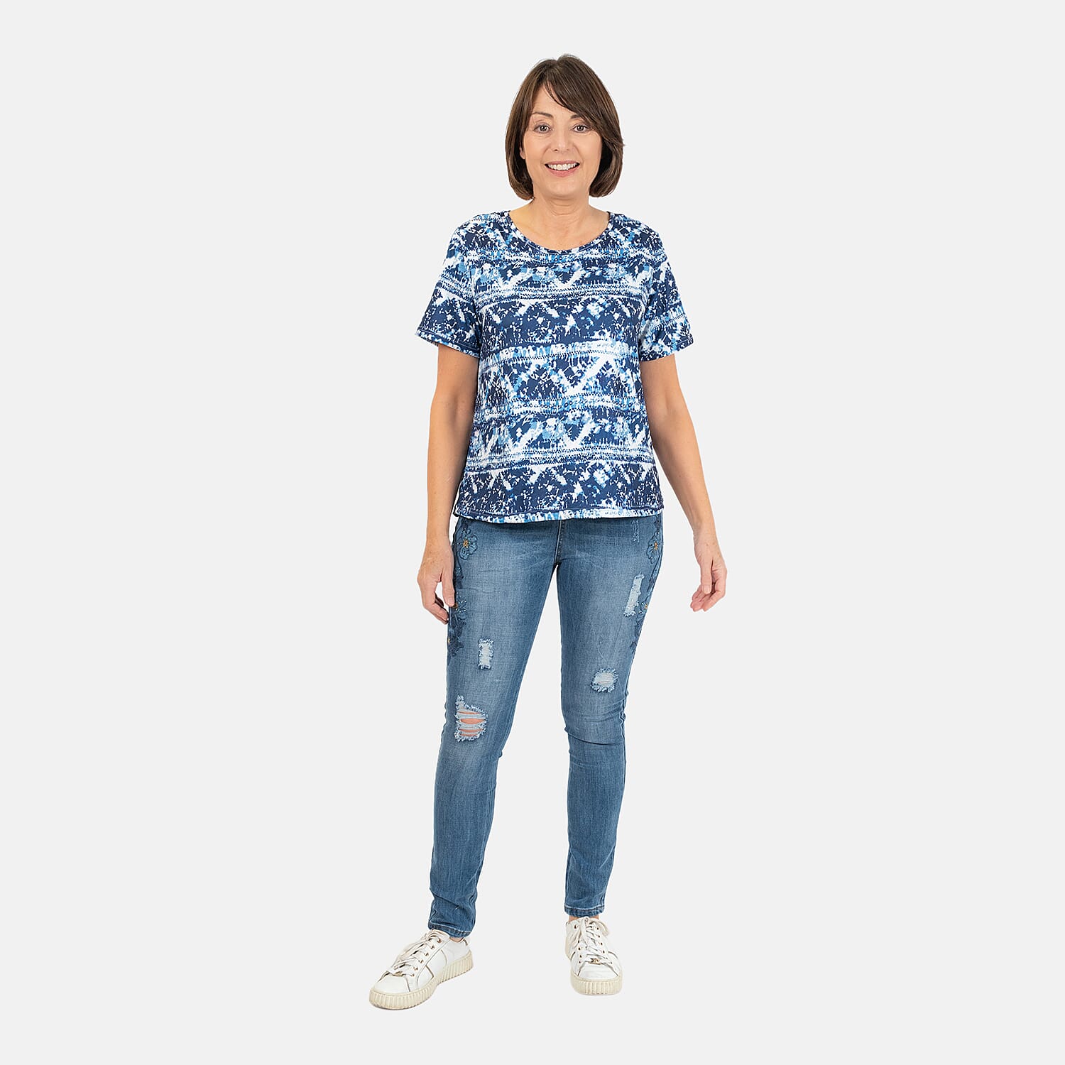 Blue Flower Embellished Diamante Stud Detail High Waist Jeans (Size 28 - 10)