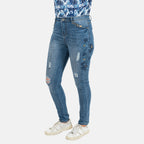Blue Flower Embellished Diamante Stud Detail High Waist Jeans (Size 28 - 10)