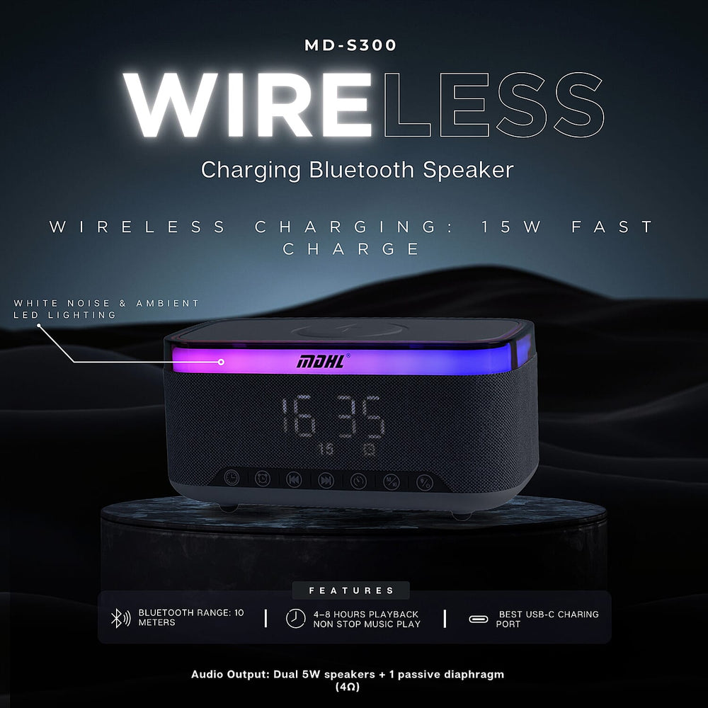 Wireless Charging Bluetooth Speaker with Alarm Clock & White Noise - White