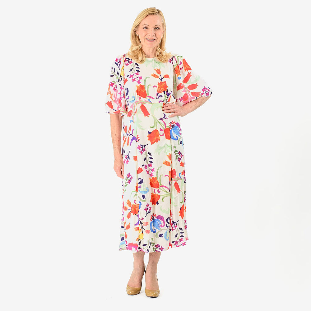 Close Out - Maria Kaneva - Boat Neck Abstract Floral Print Midi Dress (Size 20) - MultiColor
