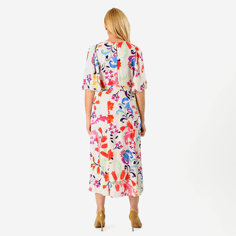 Close Out - Maria Kaneva - Boat Neck Abstract Floral Print Midi Dress (Size 20) - MultiColor